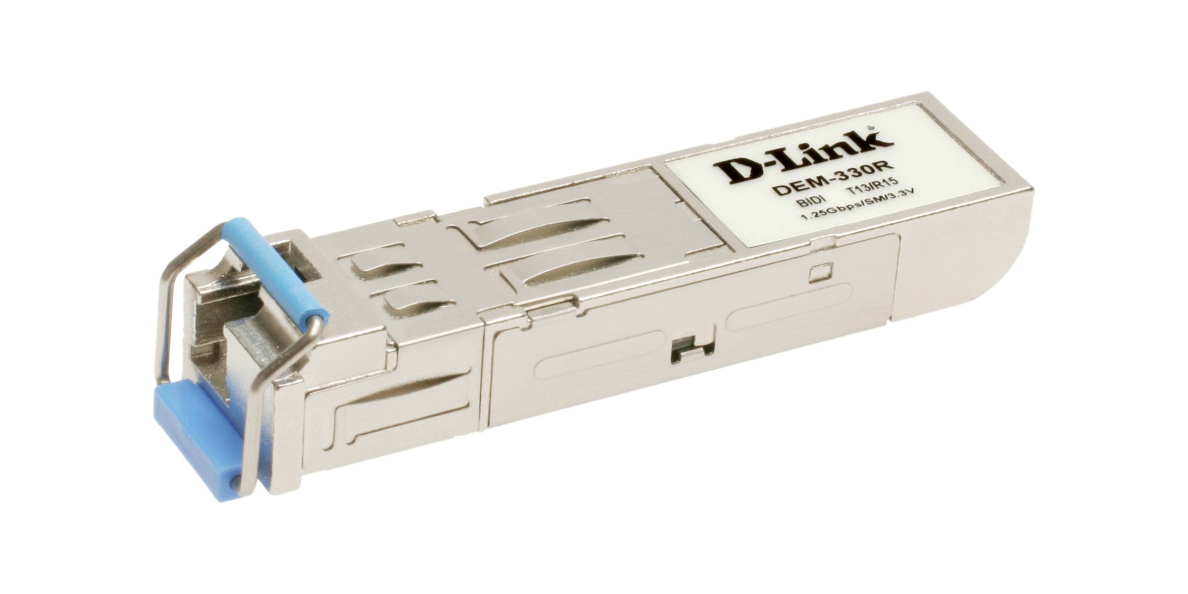 D-Link DGS-330R Optik-Transceiver-Modul mit blauem Zuglasche, dargestellt vor weißem Hintergrund.