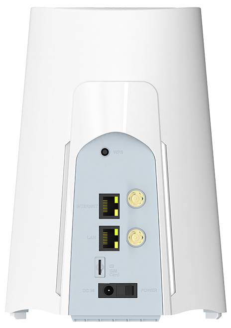 Rückansicht eines weißen drahtlosen Routers oder Modems, die eine Wi-Fi-Anzeige, zwei Ethernet-Anschlüsse, einen USB-Anschluss, eine Stromeingang und einen Stromschalter zeigt.