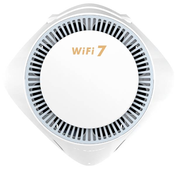 Draufsicht auf ein weißes, kreisförmiges Wi-Fi-7-Gerät mit einem belüfteten Ring, zentriert auf einem einfachen Hintergrund.