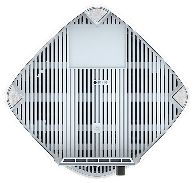 Draufsicht auf ein weißes, diamantförmiges elektronisches Gerät mit Belüftungsschlitzen und einem kleinen zentralen Logo, wahrscheinlich ein an der Decke montierter Sensor oder Zugriffspunkt.