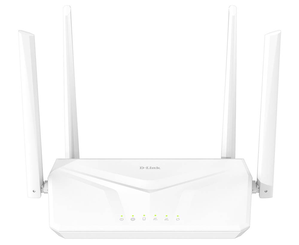 Weißer D-Link Wi-Fi-Router mit vier aufrechten Antennen und vorderen Statusleuchten auf einfachem Hintergrund.