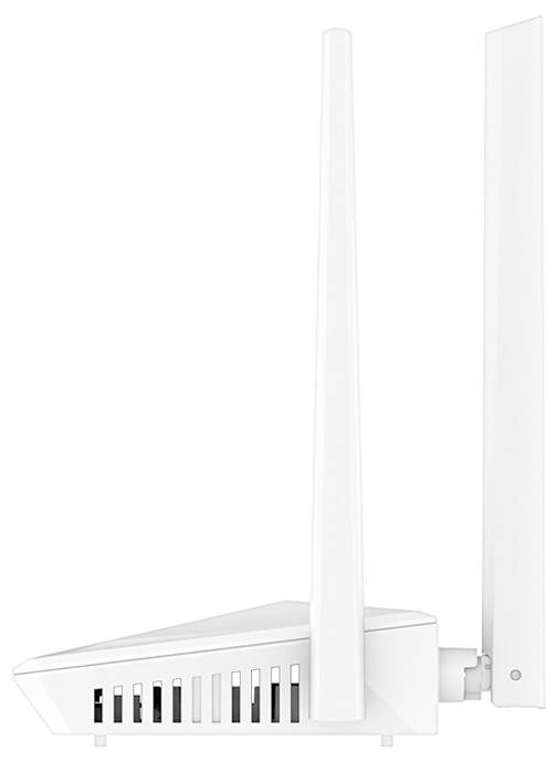 Weißer drahtloser Router mit einer hohen Antenne und einer abnehmbaren rechteckigen Paneelantenne auf der Rückseite, in Seitenansicht dargestellt.