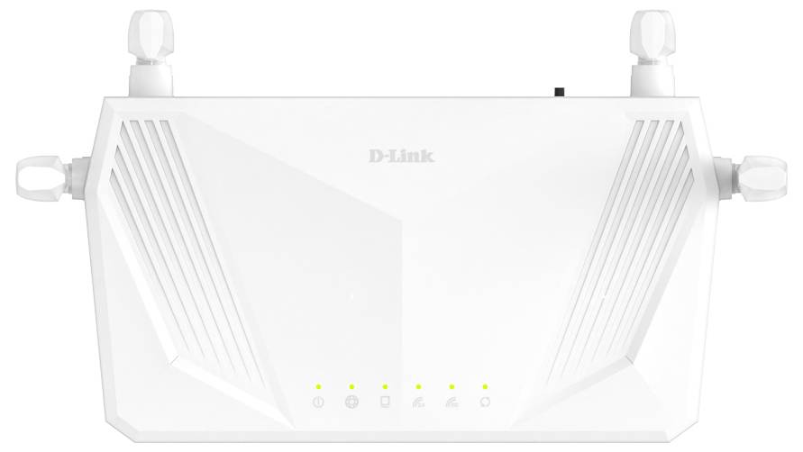 Frontansicht eines weißen D-Link-Wireless-Routers mit vier externen Antennen und Statusleuchten auf der Frontplatte.