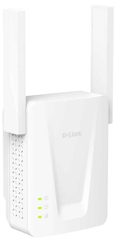 Weißes D-Link Wi-Fi-Verstärker mit zwei externen Antennen und Signalanzeigerleuchten an der Vorderseite.