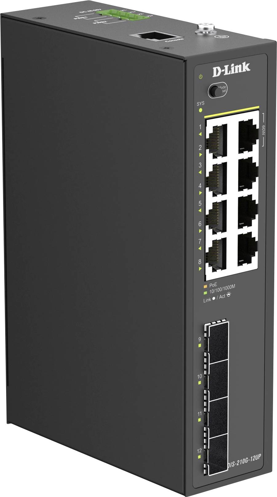 Schwarzer D-Link Ethernet-Switch mit 8 nummerierten RJ-45-Anschlüssen und 2 SFP-Anschlüssen auf der Frontplatte.
