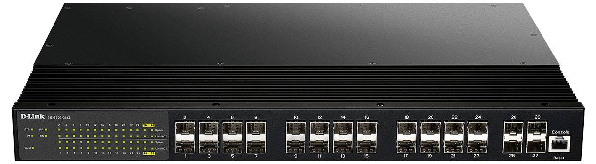 D-Link Netzwerk-Switch mit Frontplatte mit vielen Ethernet-Anschlüssen und Statusleuchten, wird verwendet, um mehrere Geräte in einem Netzwerk zu verbinden.