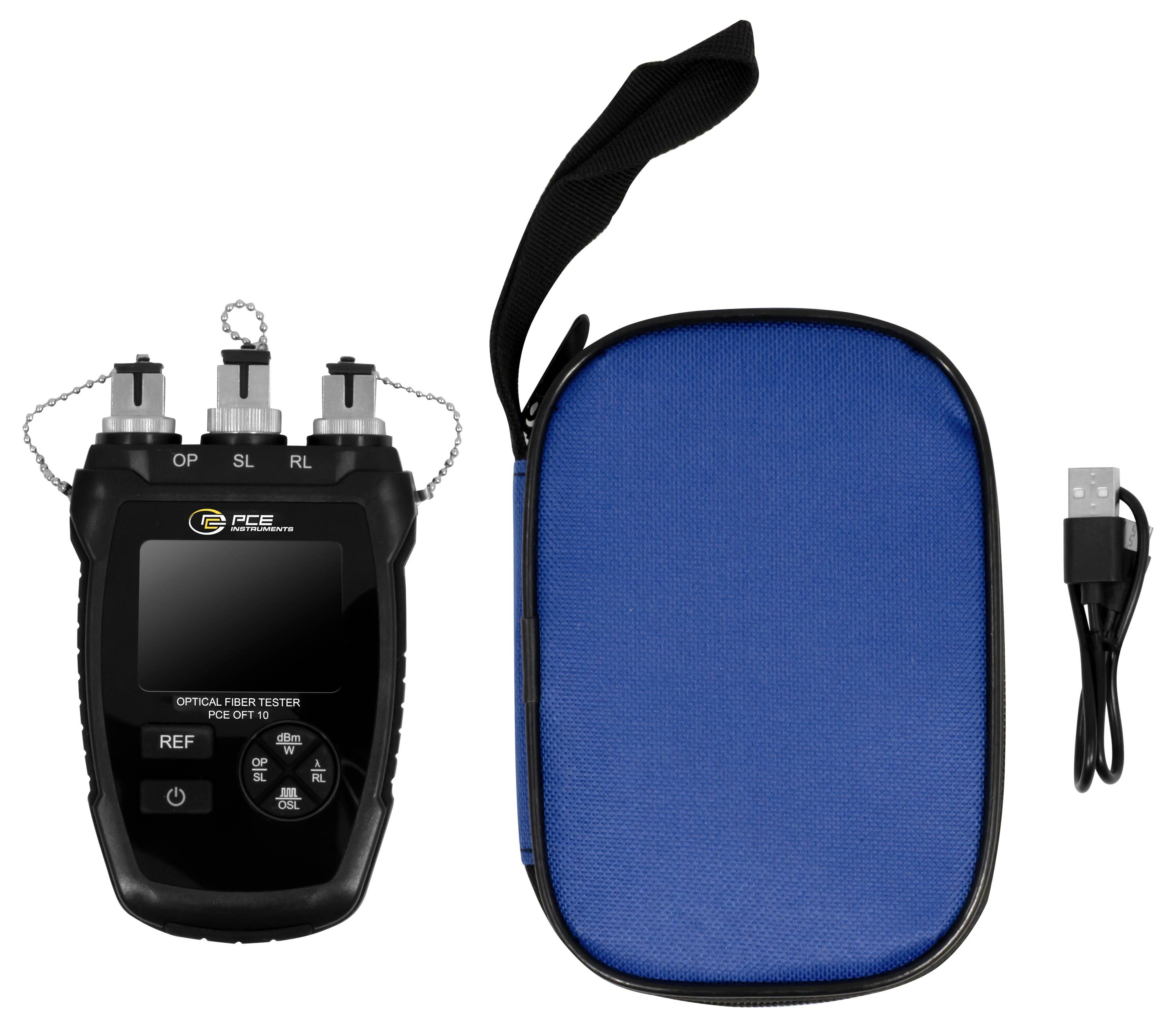 Tragbares optisches Fasertestgerät mit verschlossenen Anschlüssen, blauer Reißverschlusstasche und USB-Kabel auf weißem Hintergrund.