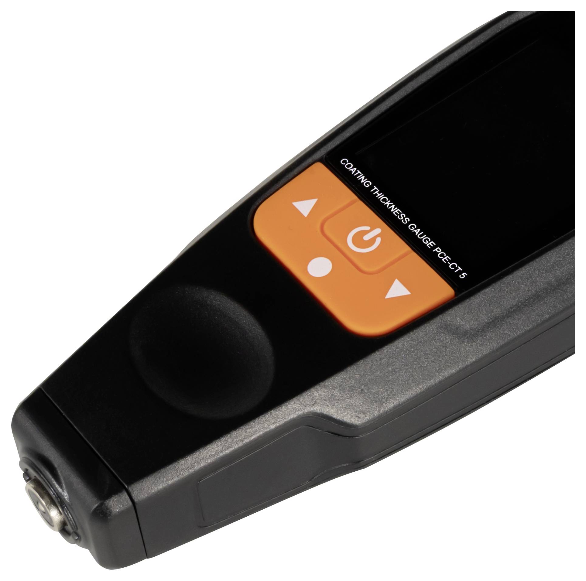 Tragbares Schichtdickenmessgerät mit orangefarbenen Bedientasten und Display.