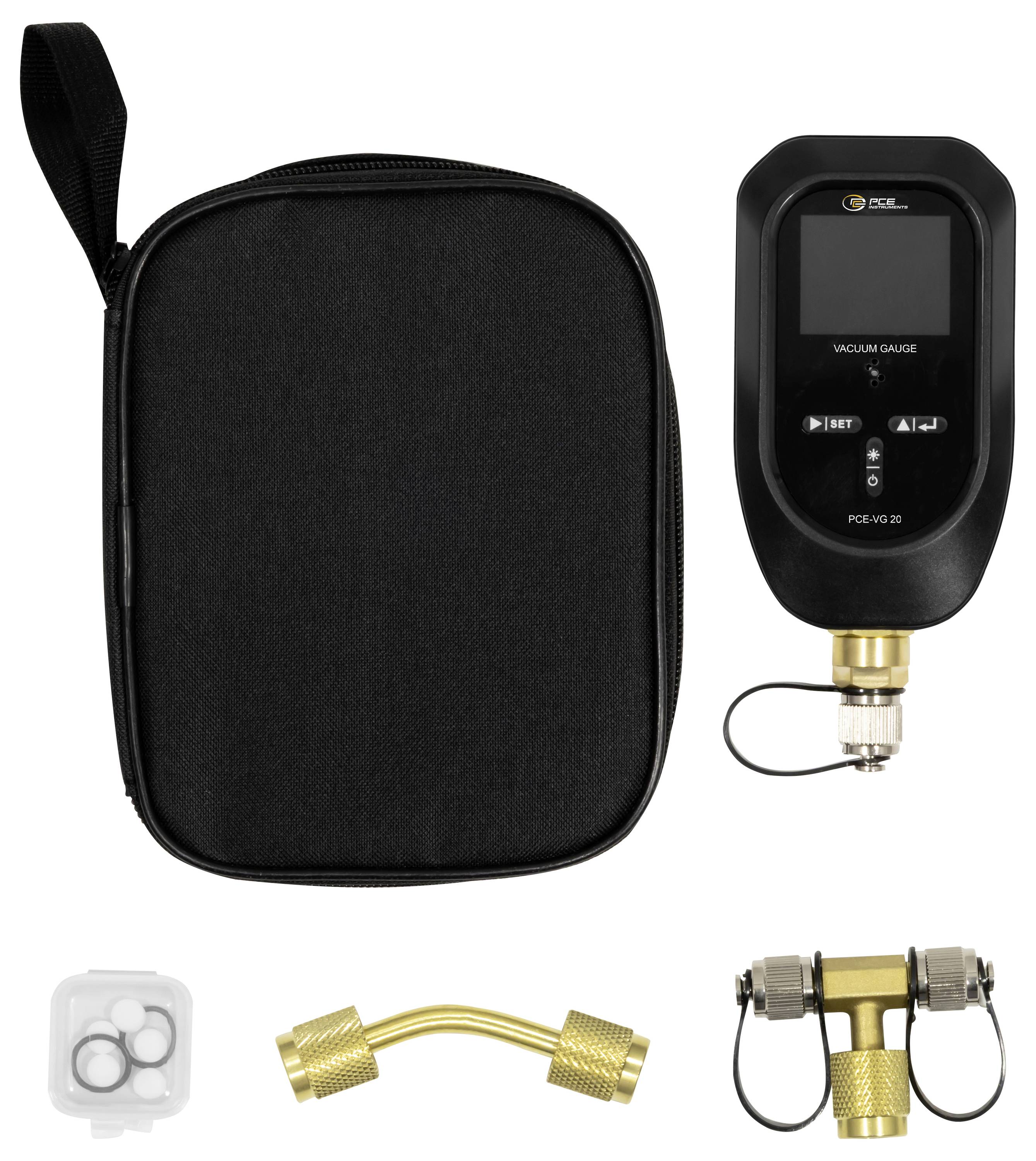 Vakuummessgerät-Set mit schwarzem Transportkoffer, digitales Manometer, Adapter, gebogener Messingverbinder und T-Stück mit Kappen.