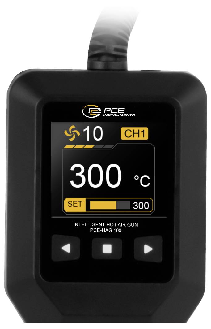 Tragbares PCE-Instrument Heißluftpistolen-Display zeigt Kanal CH1 auf 300°C eingestellt, mit Statussymbolen und Steuertasten darunter.