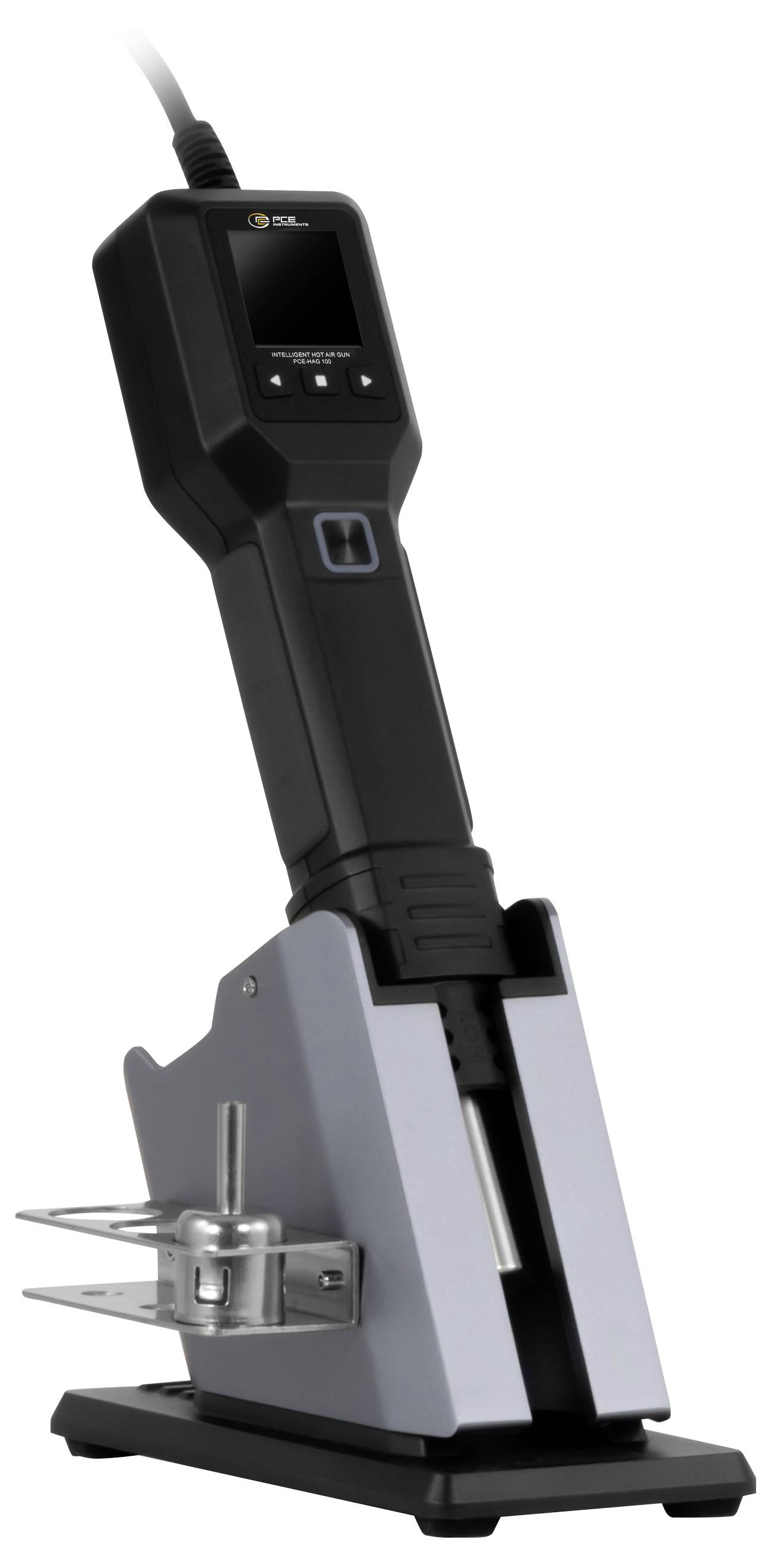 Schwarze tragbare elektrische Drahtabisoliermaschine auf einem Ständer mit digitalem Display und Spannbacken zur Verarbeitung von Kabelenden.
