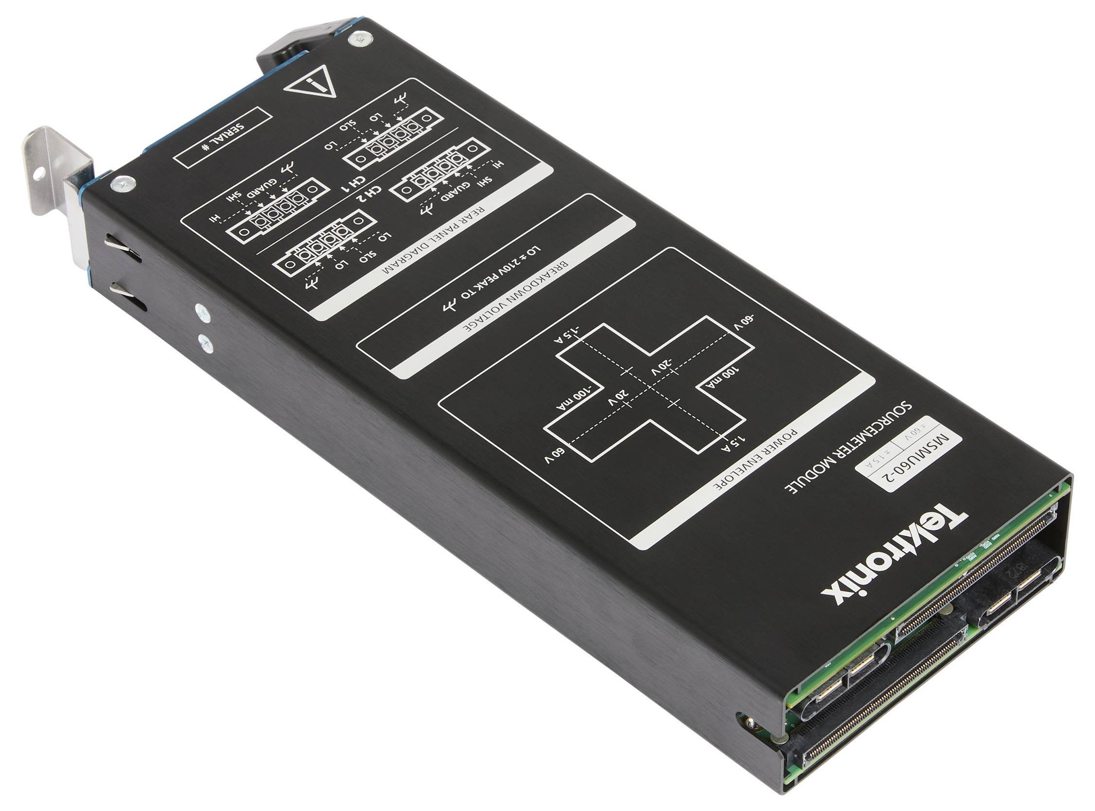 Schwarzes elektronisches Tektronix-Instrumentmodul mit beschrifteten Schaltbildern und einer vorderen Steckerverbindung, gezeigt auf weißem Hintergrund.