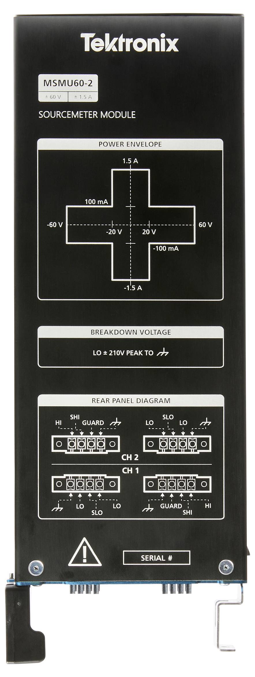 Tektronix-Stromversorgungsmessmodul Frontplatte, Modell MSMU60-2, zeigt Leistungshüllkurve, Durchbruchspannung, Rückplattenstecker-Schaltbild und Seriennummer.