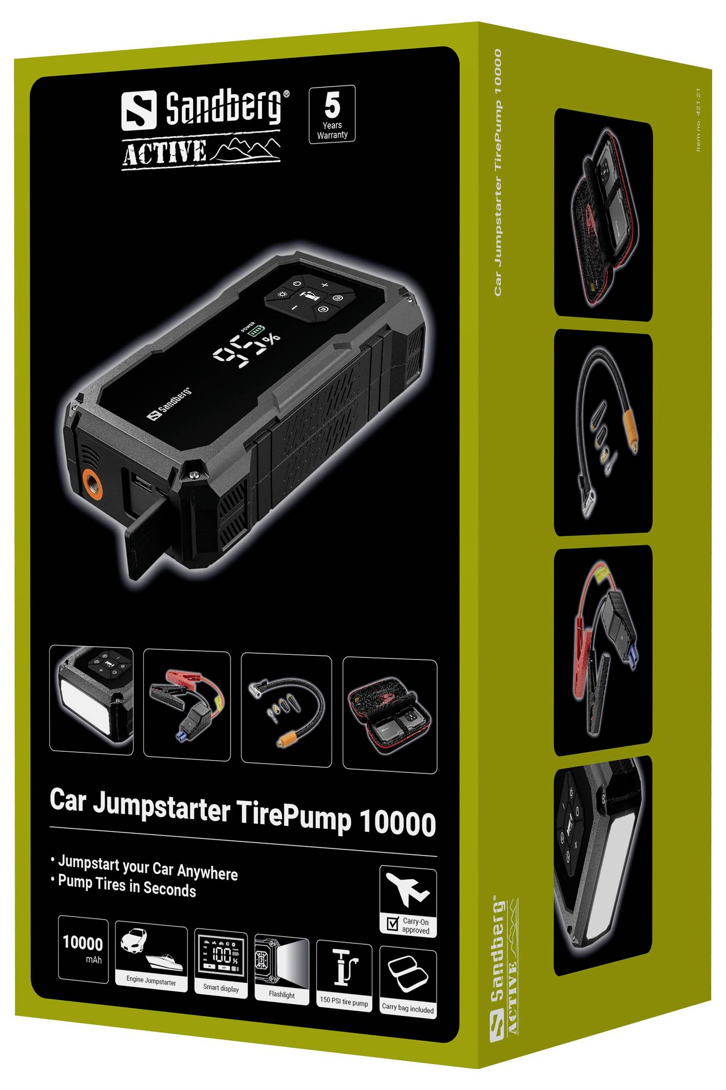 Sandberg Active Auto Starthilfegerät TirePump 10000 Verpackung mit tragbarem Starthilfegerät und Luftpumpe mit wichtigen Funktionen und Zubehörbildern.
