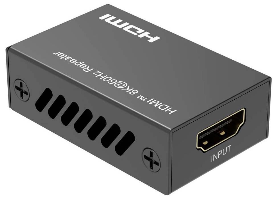 Schwarze HDMI-zu-60-Hz-Frequenz-Wiederholer-Konverterbox mit HDMI-Eingangsport und Belüftungsschlitzen.
