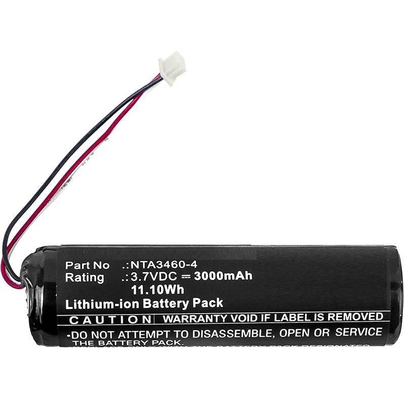 Schwarzes Lithium-Ionen-Akkupack mit angebrachten roten und schwarzen Drähten und weißem Stecker; das Etikett zeigt 3,7 V Gleichstrom 3000 mAh und Warnhinweise.
