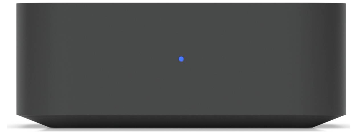 Vorderansicht eines dunkelgrauen Lautsprechers oder einer Soundbar mit einem einzelnen blauen Anzeigelicht in der Mitte oben.