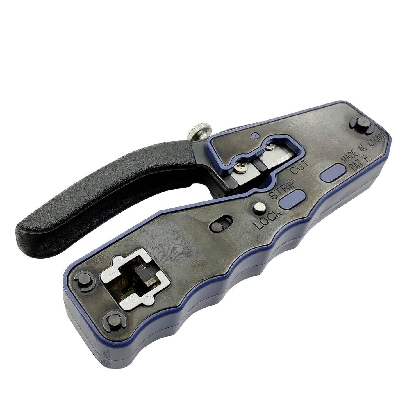 Abisolier- und Schneidewerkzeug mit schwarzem Griff, beschriftet mit CUT, STRIP und LOCK