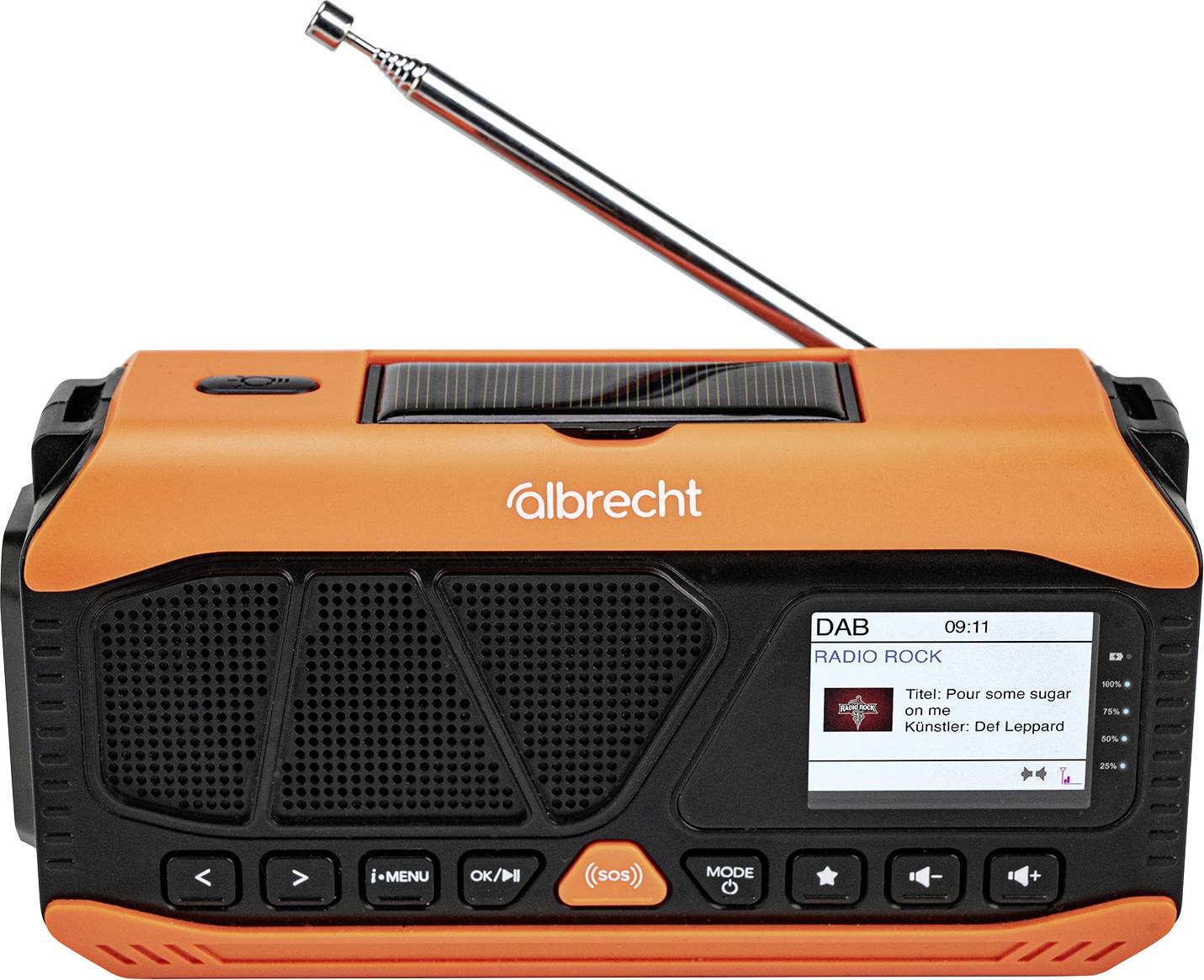 Orange-schwarzes tragbares Albrecht DAB-Radio mit ausgefahrener Antenne und Display, das „RADIO ROCK" und Songinformationen anzeigt.