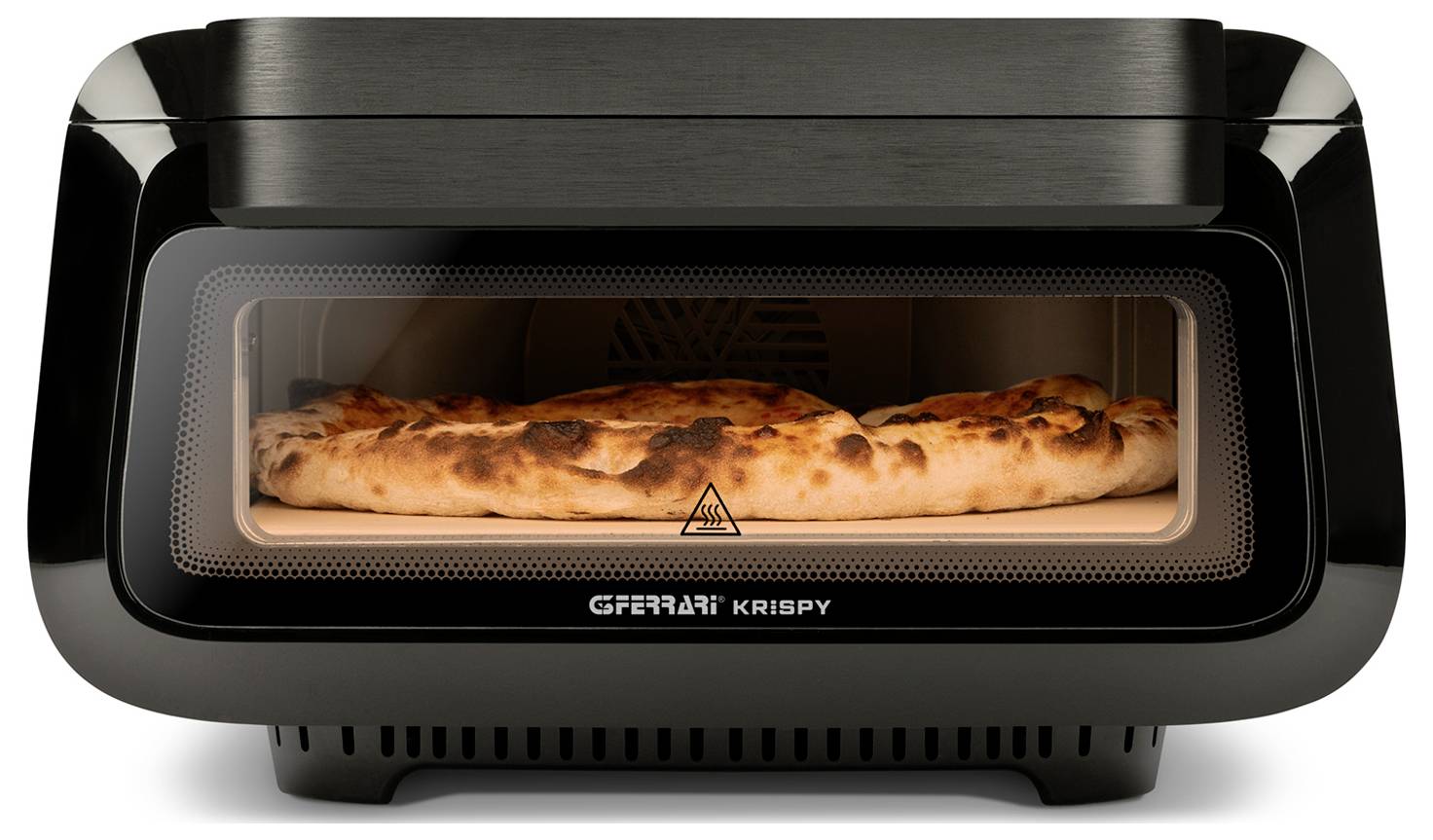 Schwarze Arbeitsflächen-Pizzaofen mit einer Pizza zum Backen im Inneren hinter einer Glastür.