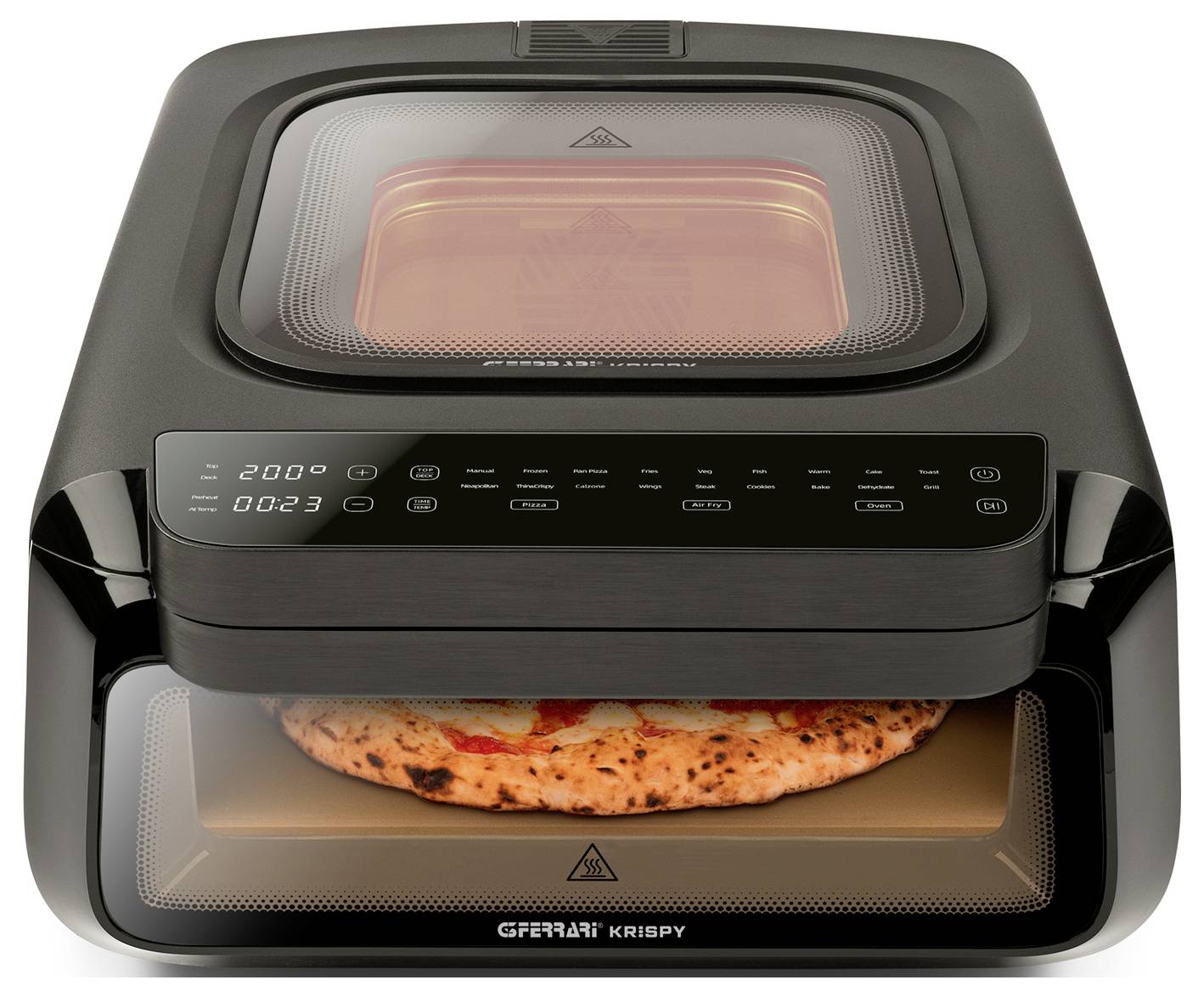 Vorderansicht eines schwarzen Arbeitsflächen-Pizzaofens mit Glasfenstern, der eine im Inneren backende Pizza und ein digitales Bedienfeld mit Temperatur- und Timeranzeige zeigt.