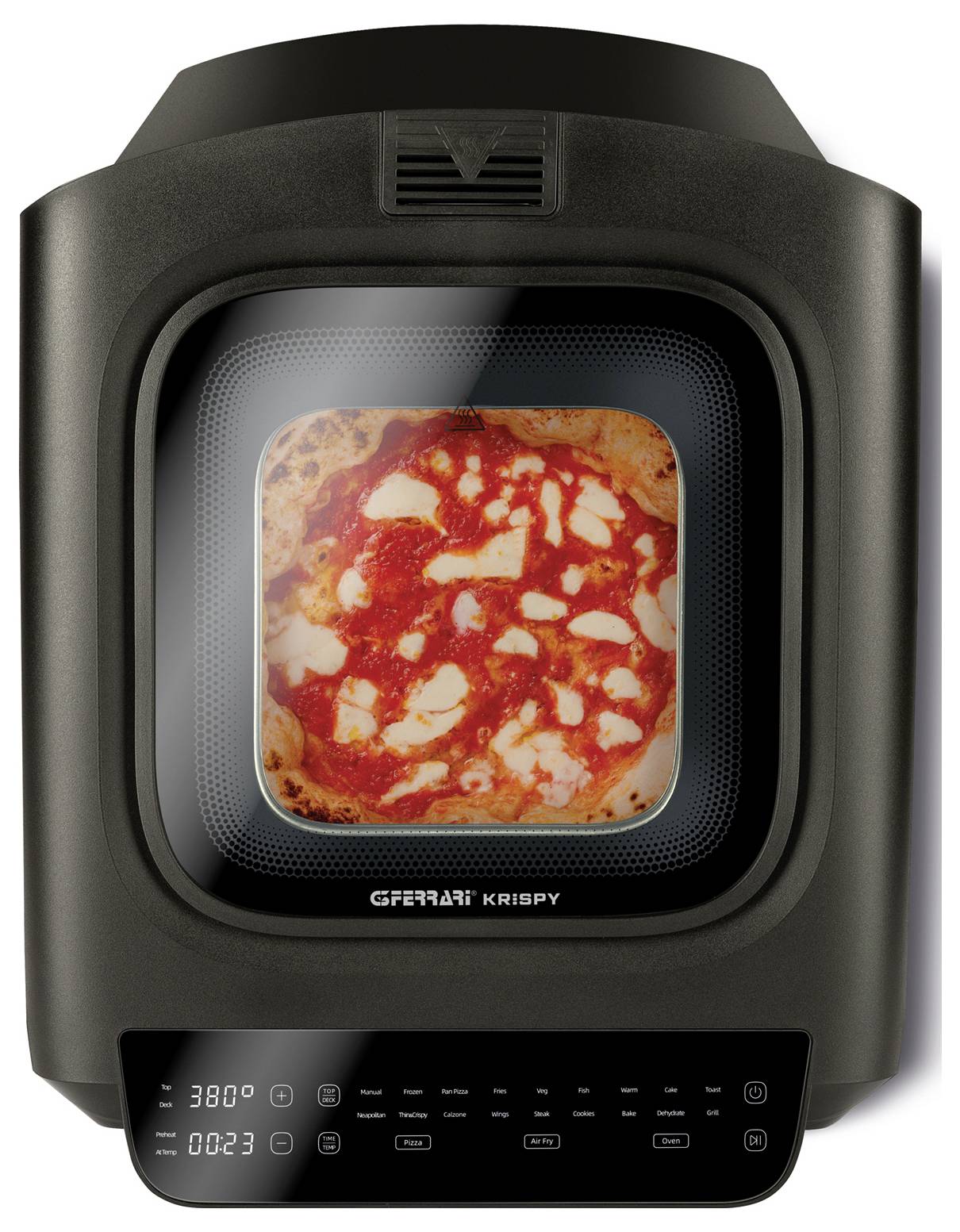 Frontansicht eines GFEA47 KRISPY Tisch-Heißluftfritteusen mit einer Pizza sichtbar durch das Fenster und einem digitalen Display, das 380° und 008:23 anzeigt.