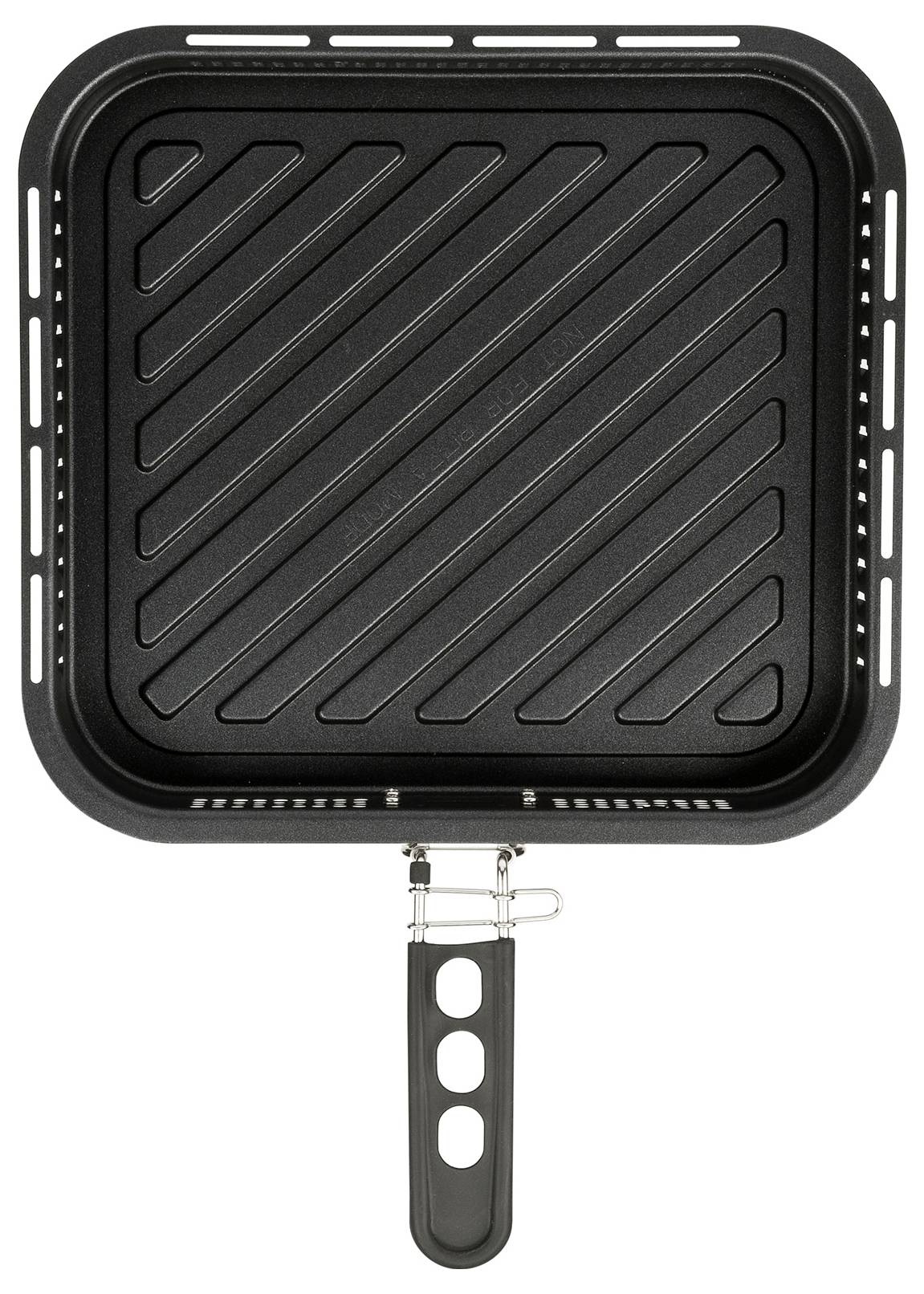 Schwarze quadratische Grillpfanne mit gerillter Kochfläche und langem Griff, dargestellt auf weißem Hintergrund.