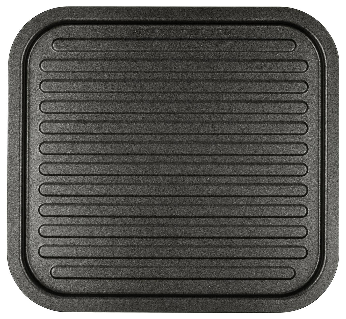 Quadratische schwarze Antihaft-Grillpfanne oder Griddleplatte mit abgerundeten Ecken und erhabenen Rillen, von oben auf weißem Hintergrund gezeigt.