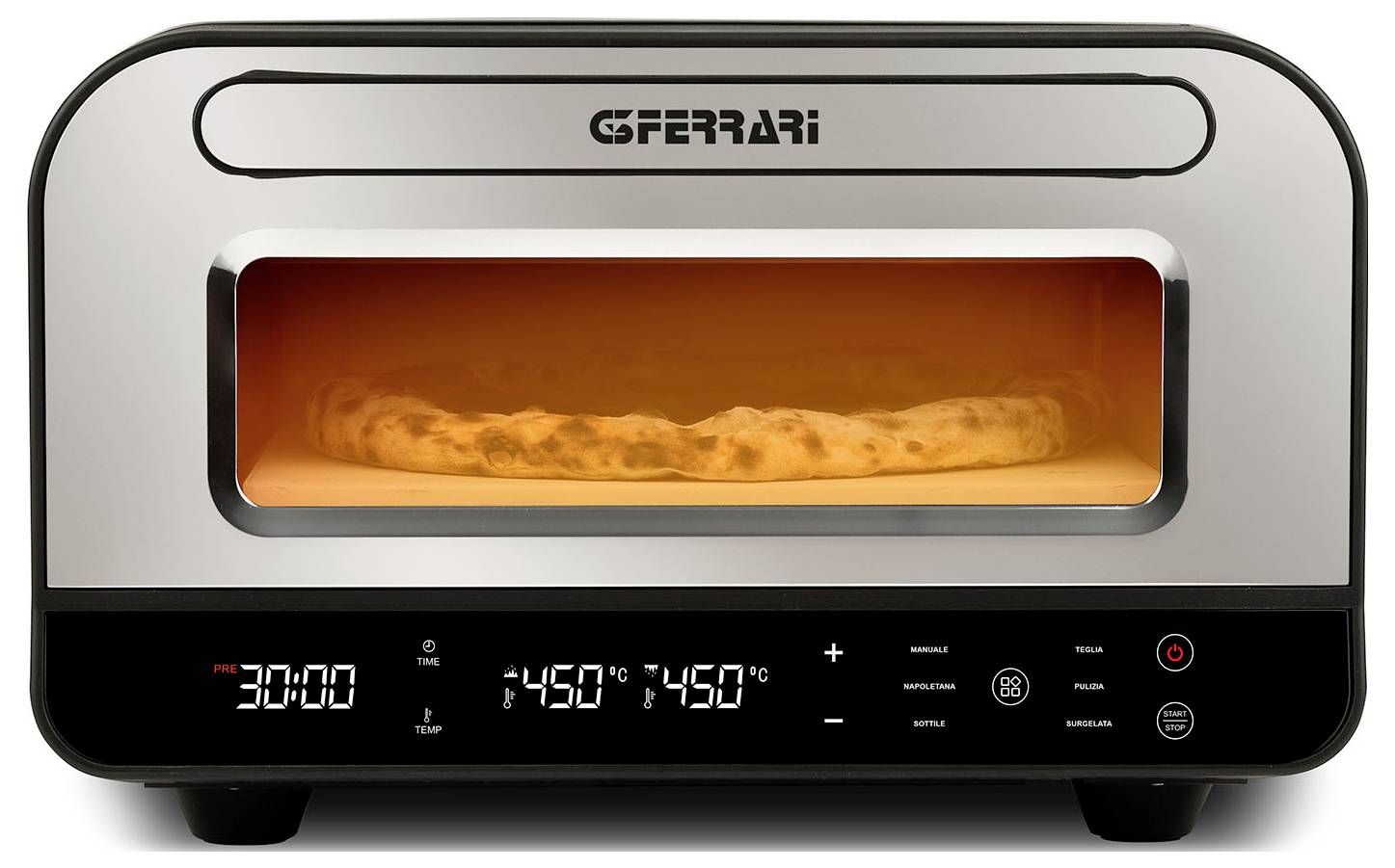 Frontansicht eines Ferrari-Kücheninsel-Pizzaofens mit leuchtend rotem Innenraum und digitalen Anzeigen mit den Werten 3000 und 450°C.