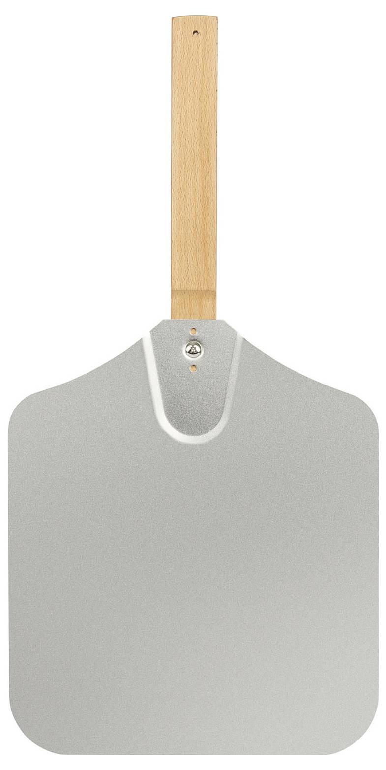 Ein grauer Pizzaschieber mit einem Holzgriff, gezeigt vor einem einfachen Hintergrund.