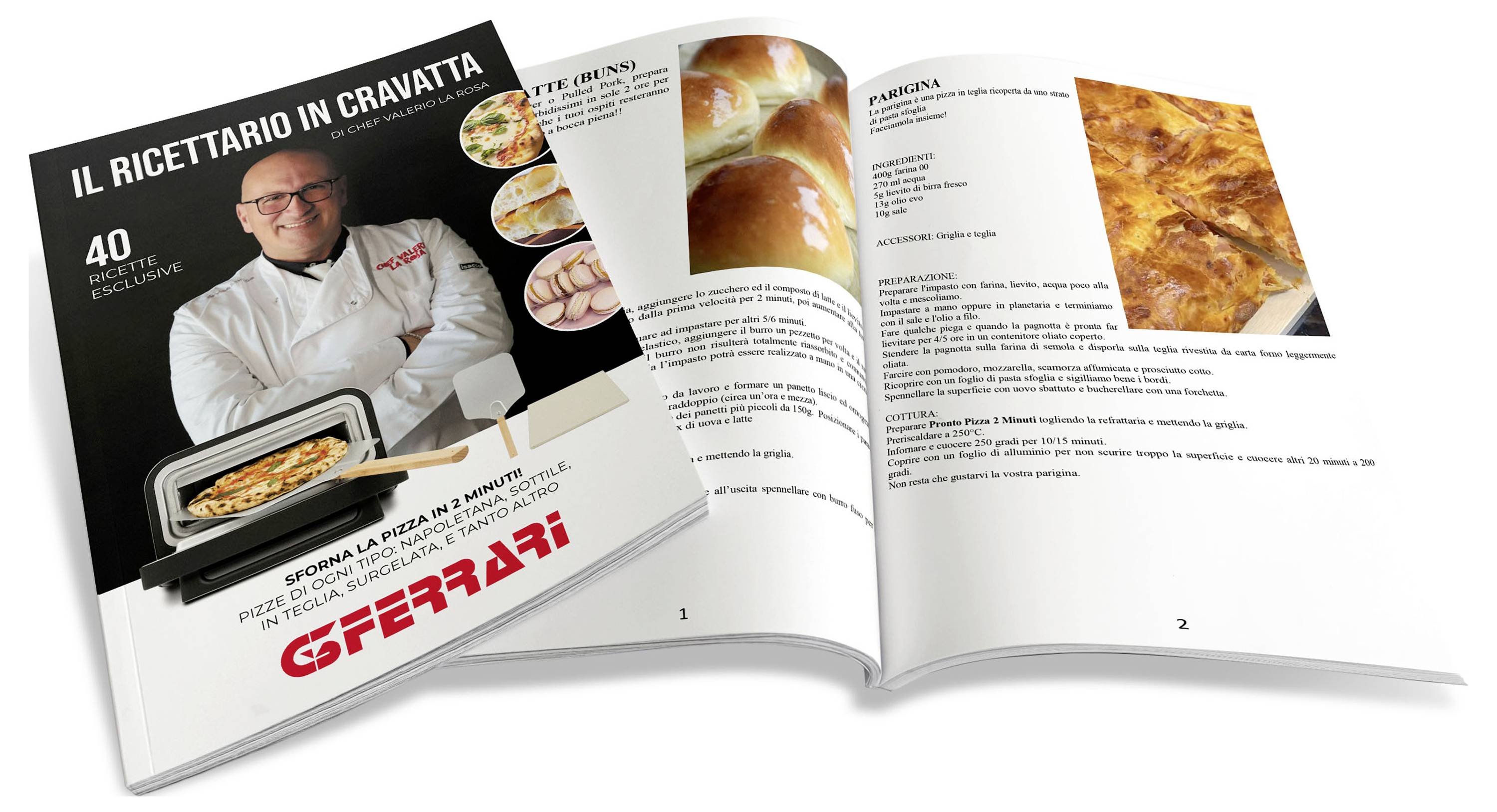 Offenes Kochbuch mit dem Titel „Il Ricettario in Cravatta" von Gabriele Ferrari, das einen Chef auf dem Umschlag und Rezeptseiten im Inneren zeigt.