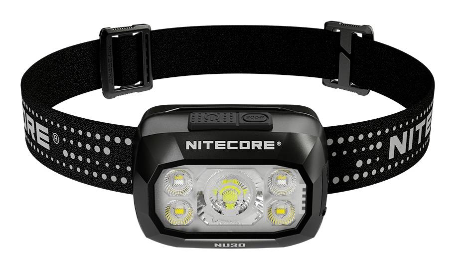 Schwarze NITECORE-Stirnlampe mit verstellbarem elastischem Riemen und fünf LED-Leuchten an der Vorderseite, gezeigt auf weißem Hintergrund.