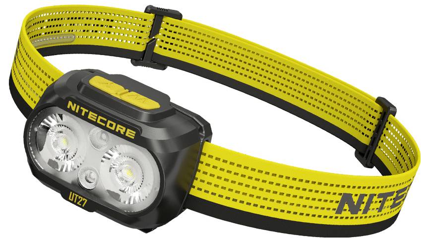 Gelbe NITECORE UT27 Kopflampe mit dualen LED-Leuchten und verstellbarem Kopfband auf weißem Hintergrund.