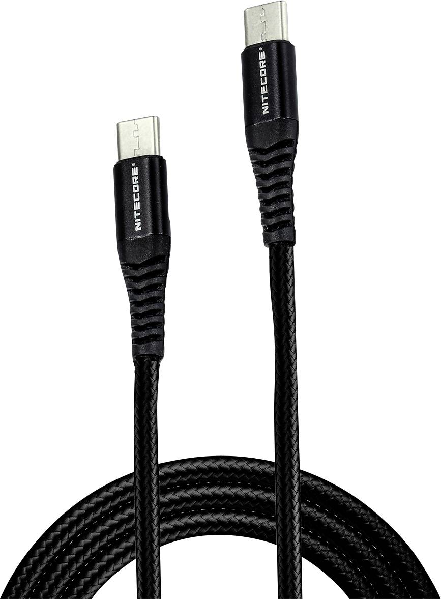 Aufgerolltes schwarzes USB-Ladekabel mit zwei USB-C-Anschlüssen, auf weißem Hintergrund gezeigt.