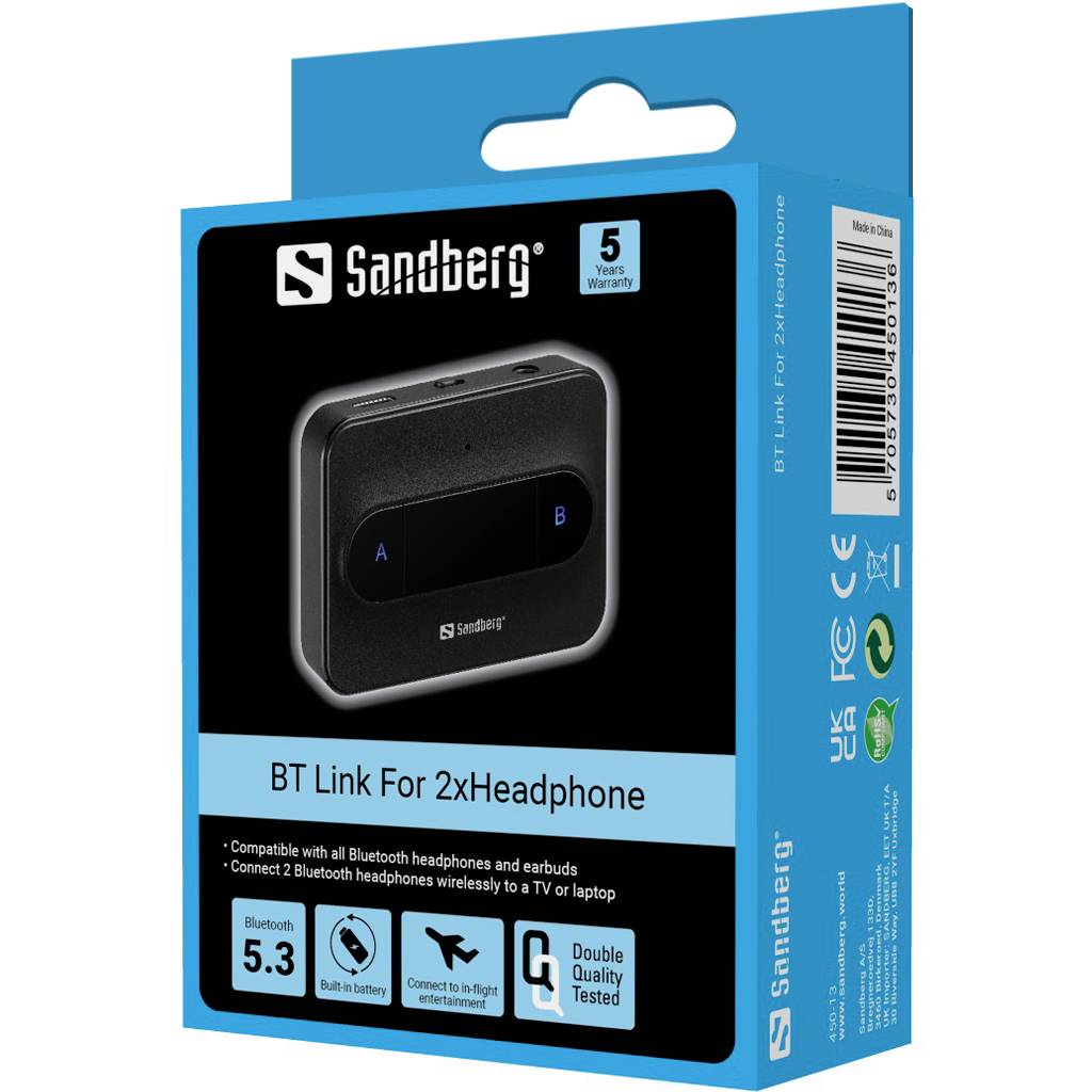 Sandberg BT Link für 2x Kopfhörer Bluetooth 5.3 Adapter-Box mit 5 Jahren Garantie, zum kabellosen Anschluss von zwei Kopfhörern an TV oder Laptop.