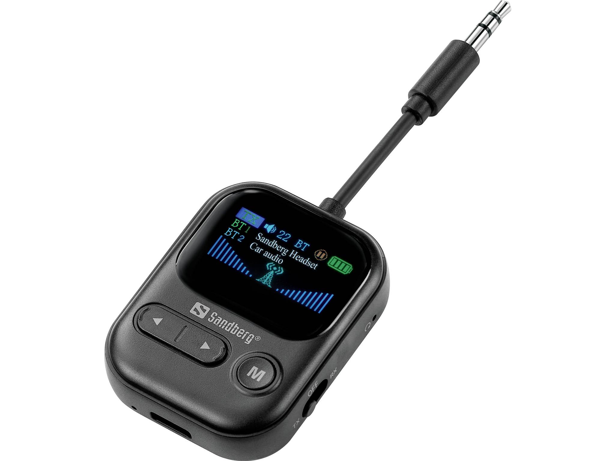 Tragbarer Bluetooth-Audio-Sender/Empfänger mit Antenne und Bildschirm, der 'BT2', 'Bluetooth Freisprechanlage' und Batterie-/Statussymbole anzeigt.