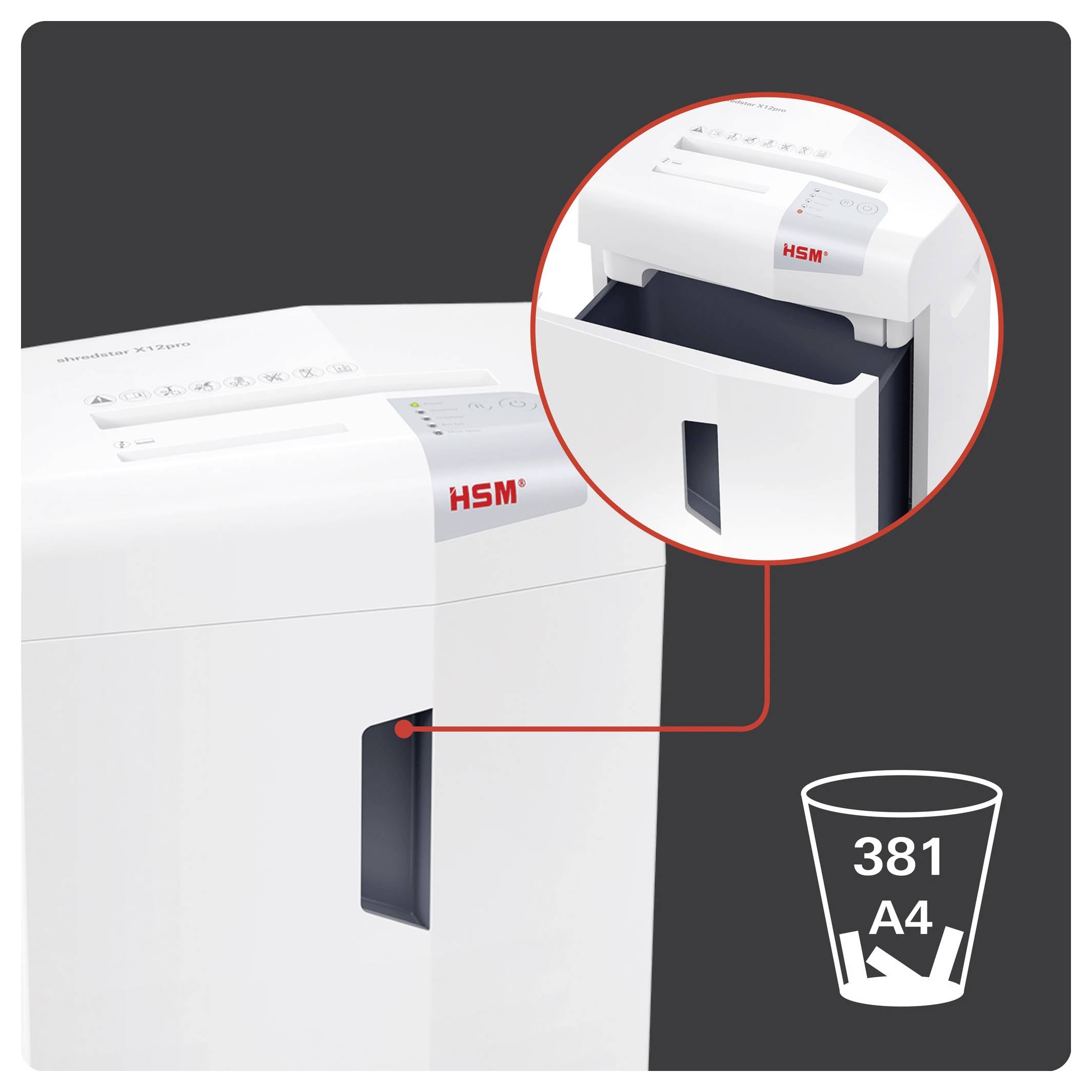 Weißer HSM-Papierschredder mit einer Nahaufnahme des vorderen Papiereinzugs in einem eingebundenen Bild; das Symbol zeigt eine Kapazität von 381 A4-Blättern.
