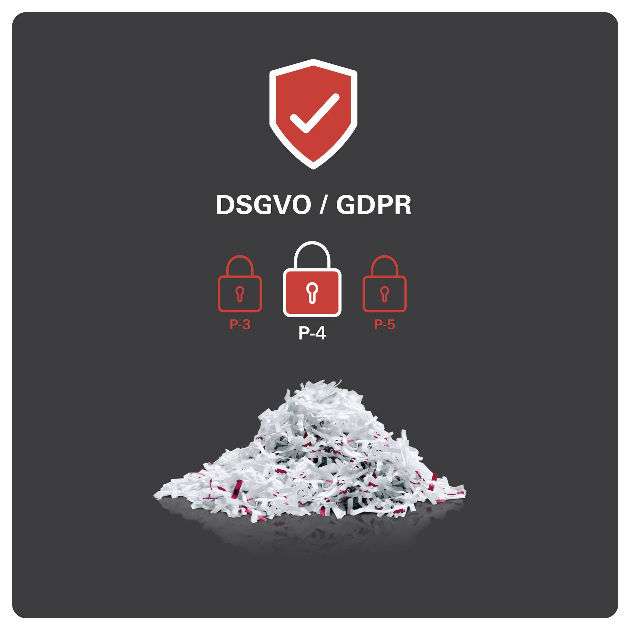 DSGVO-Sicherheitsgrafik mit einem Schild-Häkchen oben über drei Vorhängeschlössern mit den Beschriftungen P-3, P-4 und P-5, und einem Haufen geschreddertem Papier darunter.