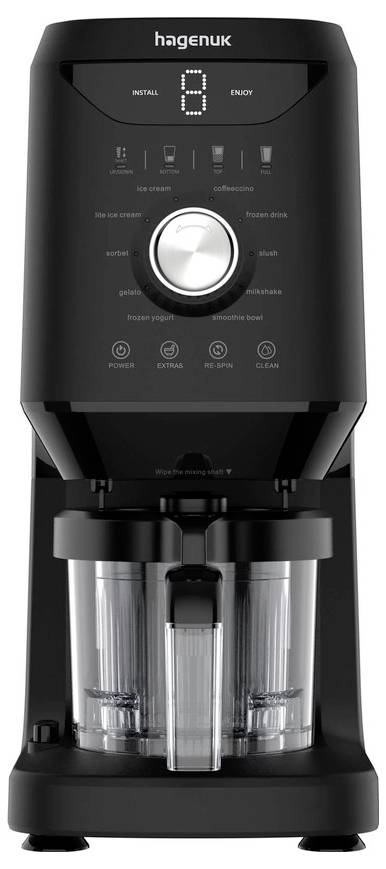 Schwarze Hagenuk-Tischkaffeemaschine mit zwei Glaskannnen und zentralem Bedienknopf, Frontansicht auf weißem Hintergrund.