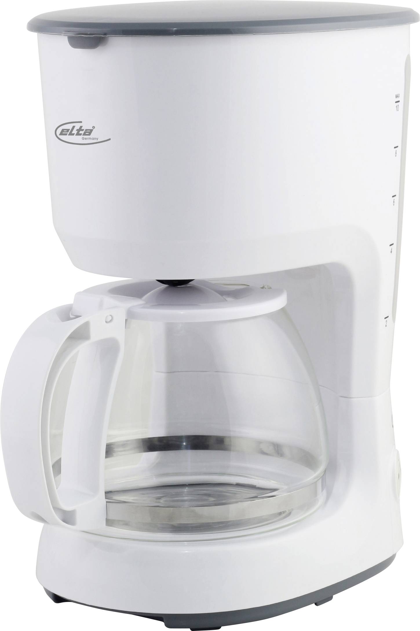 Weiße Tropfkaffeemaschine mit Glaskanne und Griff unter dem Brühkorb, shown on a plain background.