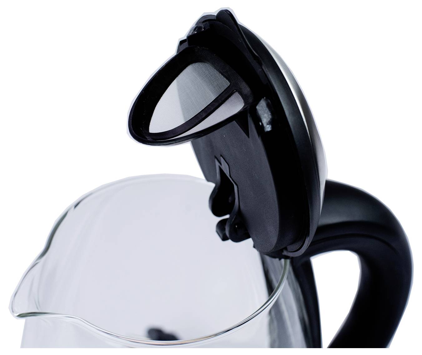 Schwarzer elektrischer Wasserkocher mit offener Kappe, zeigt die Tülle und den durchsichtigen Glaskörper.