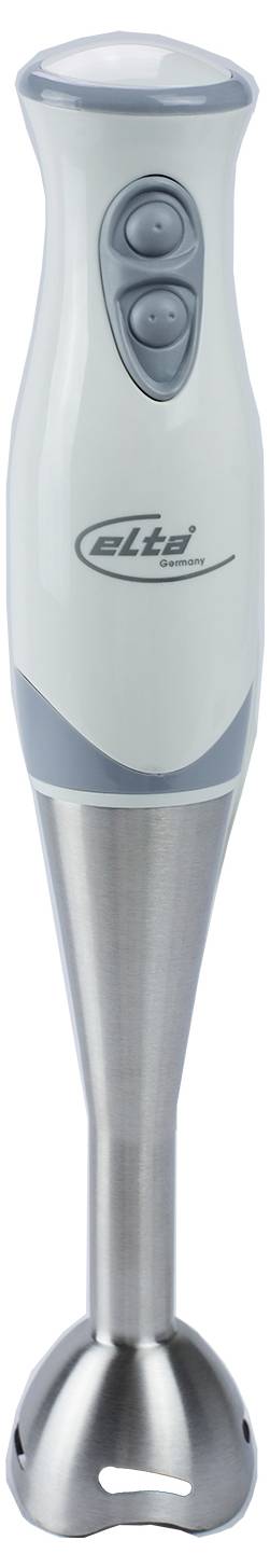 Tragbarer Stabmixer mit hellgrauem Gehäuse, Bedienfeld mit zwei Tasten und Edelstahl-Mixstab mit Fußschutz.