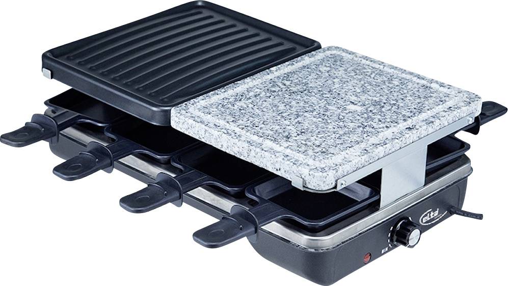 Elektrischer Tischgrill und Grillplatte mit zwei Kochflächen: gerillter Grill auf der linken Seite und flache Steinplatte auf der rechten Seite, mit Temperaturregler auf der Vorderseite.