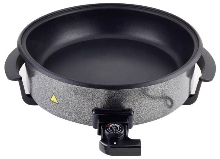 Schwarzer elektrischer Hot Pot mit Seitengriffen und vorderer Temperaturregelungsknopf, gezeigt auf weißem Hintergrund.