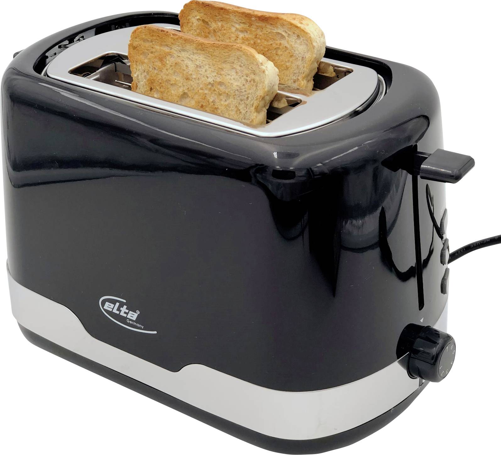 Schwarzer Vier-Slot-Toaster mit zwei Scheiben getoastetes Brot, auf weißem Hintergrund dargestellt.