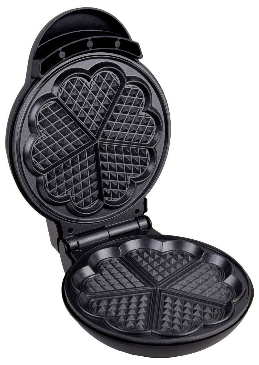 Schwarzer Waffelmaker mit herzförmigem Muster, geöffnet, um runde obere und untere Kochplatten auf weißem Hintergrund zu zeigen.