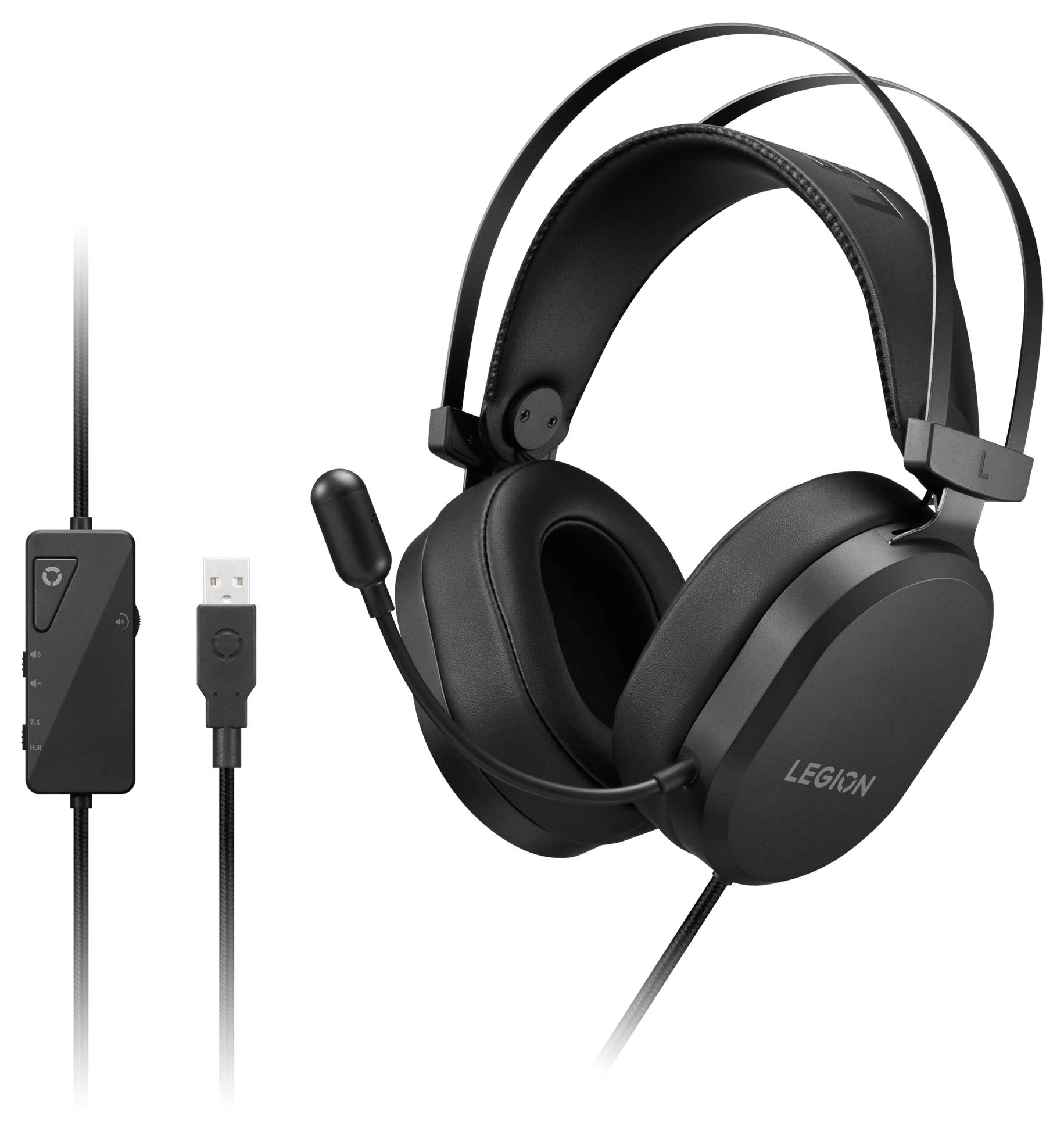 Schwarzes Over-Ear-Gaming-Headset mit Boom-Mikrofon und USB-Steuerung in der Kabelleitung, gezeigt mit Kabel und Stecker.