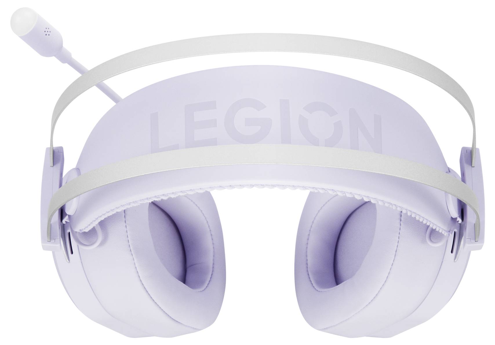 Weißes Lenovo Legion Over-Ear-Gaming-Headset mit Boom-Mikrofon auf weißem Hintergrund, Vorderansicht dargestellt.