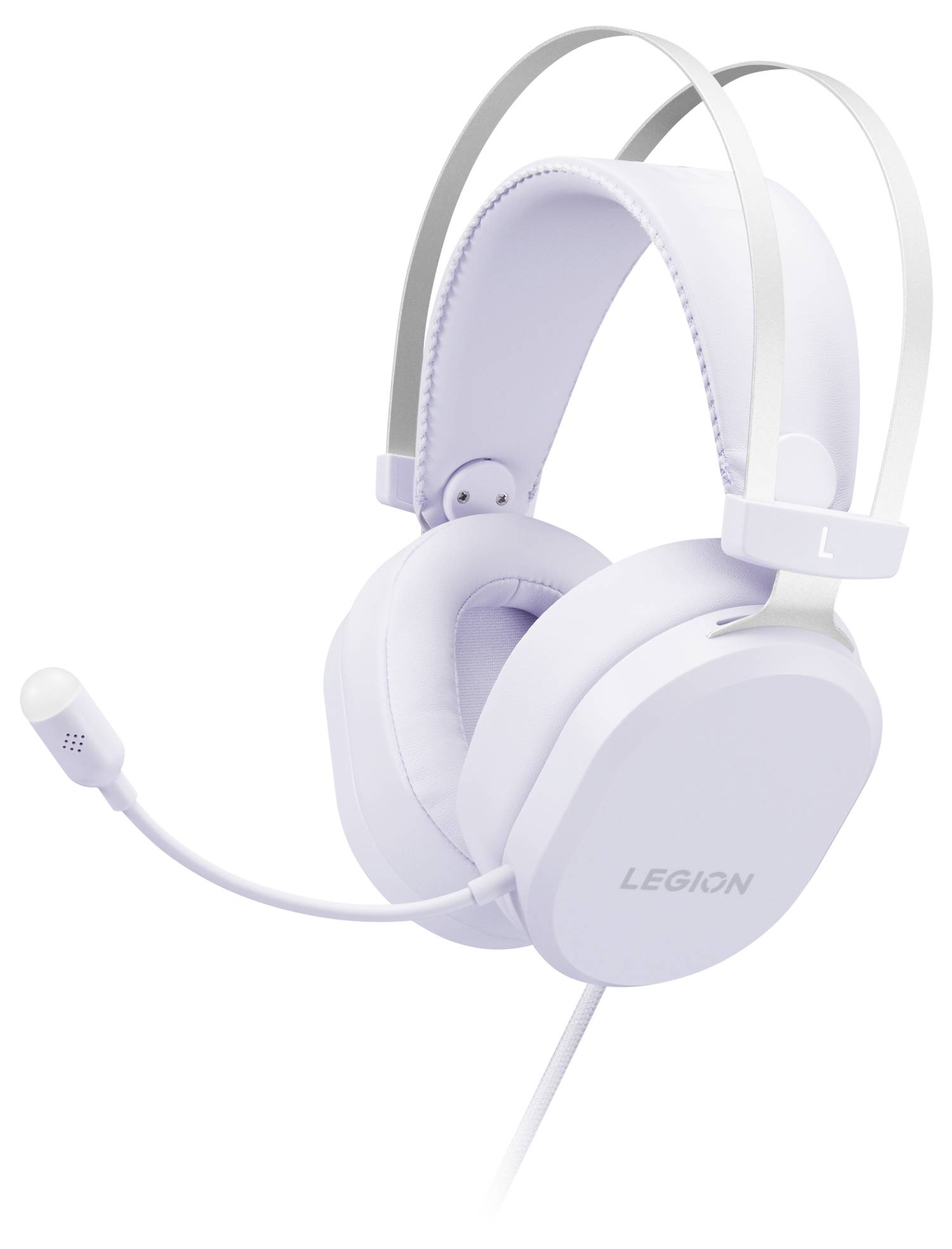 Weißes Lenovo Legion Over-Ear-Gaming-Headset mit gepolsterten Ohrmuscheln, verstellbarem Kopfbügel und flexiblem Boom-Mikrofon.