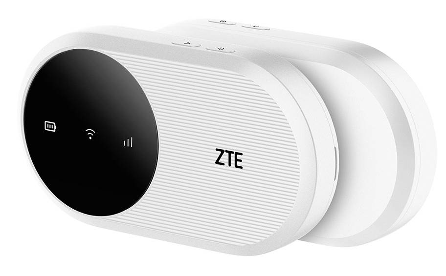 Weißes tragbares ZTE-Wi-Fi-Hotspot-Gerät mit schwarzem Frontdisplay, das Akku-, Signal- und Wireless-Symbole anzeigt.